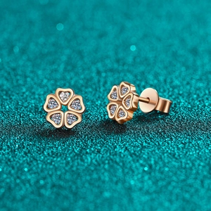 Elegant S925 silver heart petal moissanite studs in champagne gold floral design