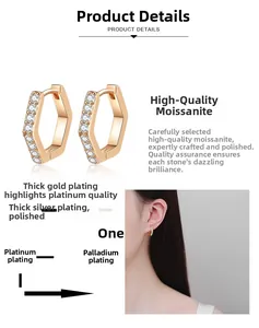 Detail of hexagonal moissanite hoop earrings with rose gold plating and earlobe view