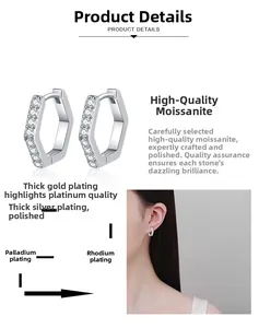 Détail de boucles d'oreilles moissanite hexagonales en argent S925 avec placage multicouche