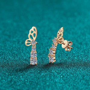 Elegant 925 silver butterfly earrings with champagne gold plating and moissanite drops