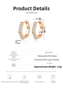Detailed technical diagram of rose gold S925 silver hexagonal earrings with moissanite