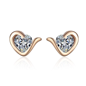 Elegant heart-shaped rose gold stud earrings with champagne moissanite stones and reflections