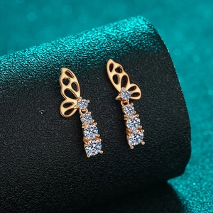 Elegant S925 silver champagne gold butterfly drop earrings with sparkling round moissanite