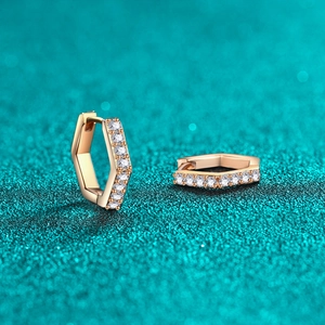 Hexagonal S925 silver hoop earrings with champagne gold finish and pavé diamonds