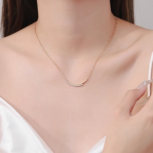 Elegant 925 sterling silver smile necklace in champagne gold with sparkling pavé moissanite