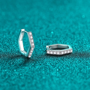 Boucles d'oreilles créoles hexagonales en argent S925 avec moissanite et pavé de diamants