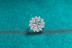 Macro shot of S925 sterling silver ring featuring a pear-cut moissanite snowflake design