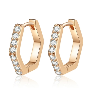 Hexagonal S925 sterling silver hoop earrings with champagne gold finish and clear crystals