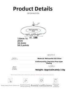 Detail specifications of 925 sterling silver moissanite bracelet with sizing and material info