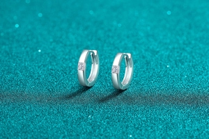 Macro shot of S925 sterling silver hoop earrings with square cut moissanite stones