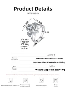 Detail view of pear-cut moissanite V-shaped S925 silver ring with size specifications