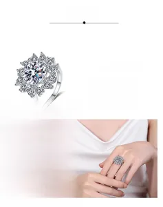 Detail of S925 silver moissanite ring with flower petals design and hand model view