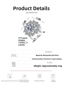 Detailed specs of 5 carat pear-cut moissanite ring in 925 sterling silver flower design