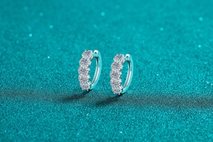 Macro view of sterling silver hoop earrings with a row of sparkling moissanite stones