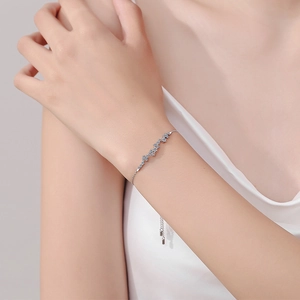 S925 sterling silver moissanite bracelet featuring blue crystals and adjustable pull chain