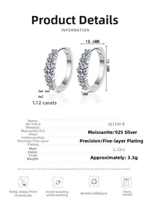 Detailed technical diagram of S925 silver moissanite hoop earrings with size specifications