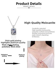 Detailed view of an emerald-cut moissanite pendant with 925 silver four-prong setting