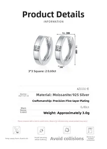 Macro detail of S925 silver hoop earrings with square moissanite dimensions and weight