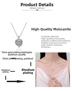 Detail showing multi-layer plating process on heart moissanite necklace with platinum texture