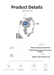Detailed size chart of S925 silver ring featuring blue oval moissanite and dimensions