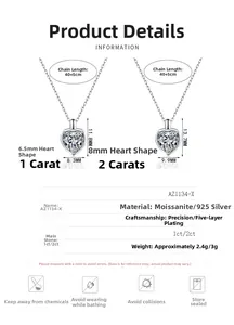 Detail specifications of 1ct and 2ct heart moissanite pendant with S925 silver chain