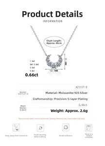 Detail specifications of S925 silver crescent necklace with moissanite dimensions and weight