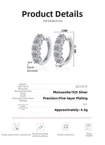 Technical drawing of 925 silver moissanite hoop earrings with dimensions and 1ct stone details
