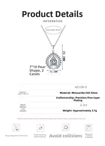 Detailed size specifications for 2.0ct pear-cut moissanite 925 silver necklace