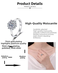 Detail of sunflower moissanite ring with multi-layer plating and luxury white gold finish