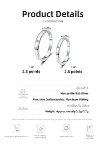 Detail view of S925 silver moissanite rings with 0.025ct stones and sizing specifications