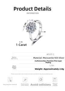 Detail view of S925 silver moissanite sunflower ring with 1.0ct stone and dimensions