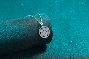 Close-up of S925 sterling silver snowflake pendant necklace with pavé moissanite stones