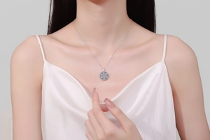 Detail of S925 sterling silver snowflake pendant necklace on female collarbone