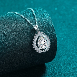 Elegant S925 sterling silver pear-cut moissanite necklace with a halo teardrop pendant