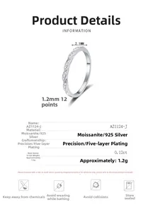Detaillierte Spezifikationen eines 925er Silber Moissanit-Rings mit 2,1 mm Breite und 0,12ct