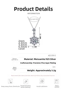 Detail view of S925 sterling silver snowflake pendant with 1ct moissanite specifications
