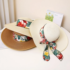 Women Fashion Wide Brim Paper Straw Hat With Floral Ribbon Bowknot Woven Sun Hat For Summer Beach Outdoor Vacation Shading Hat