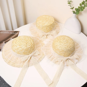 French Vintage Sweet Women Straw Hat With Lace Bowknot Mesh Polka Dot Flat Top Wide Brim Sun Protection Summer Beach Boater Hat