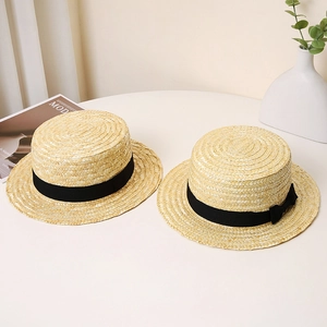 Classic flat top straw boater hats for men and women with black ribbon beach sun hat