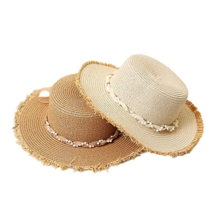 Flat top straw sun hat with pearl ribbon decoration and fringed edges for women