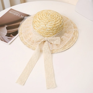 French flat top straw hat with white lace ribbon and bowknot for sun protection