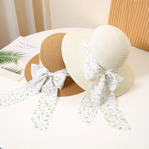 Women Summer Straw Sun Hat With Floral Ribbon Bow Round Top Foldable Beach Hat For Vacation Seaside Sunshade Travel