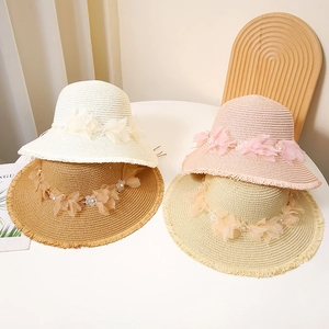 Damen Strohhut Mit Breiter Krempe Papierstroh Atmungsaktiv Sonnenschutz Sommer Strand Blumen Künstliche Perlen Deko Süße Mode