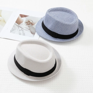 Classic striped jazz fedoras in navy and beige with black ribbon for sun protection
