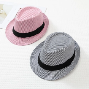 Classic striped pinstripe fedora hats with black ribbon for men's summer beach sun protection
