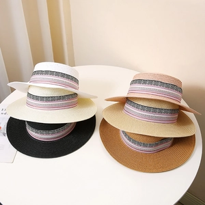 Damen Sommer Flacher Kopf Papierstroh波特帽 Breite Krempe Sonnenschutz Ethnisch Geometrisch Band Strand Urlaub Sonnenhut