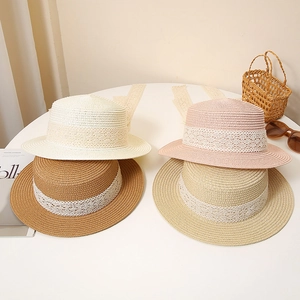 Flat top straw hat with floral lace ribbon in four colors for summer sun protection