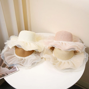 Chapeaux de soleil en paille avec froufrous en organza et perles pour femme, plage