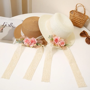 Summer Women Straw Hat Flat Top Sun Hat With Flower And Lace Ribbon Decoration For Beach Vacation Photography Elegant Pastoral Style