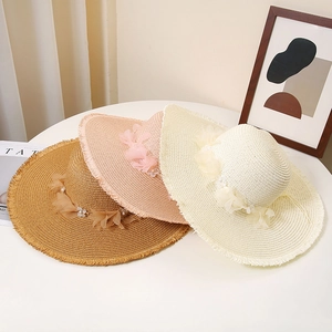 Women Wide Brim Straw Sun Hat Paper Woven Beach Cap With Mesh Flower Artificial Pearl Decoration Frayed Edge Breathable